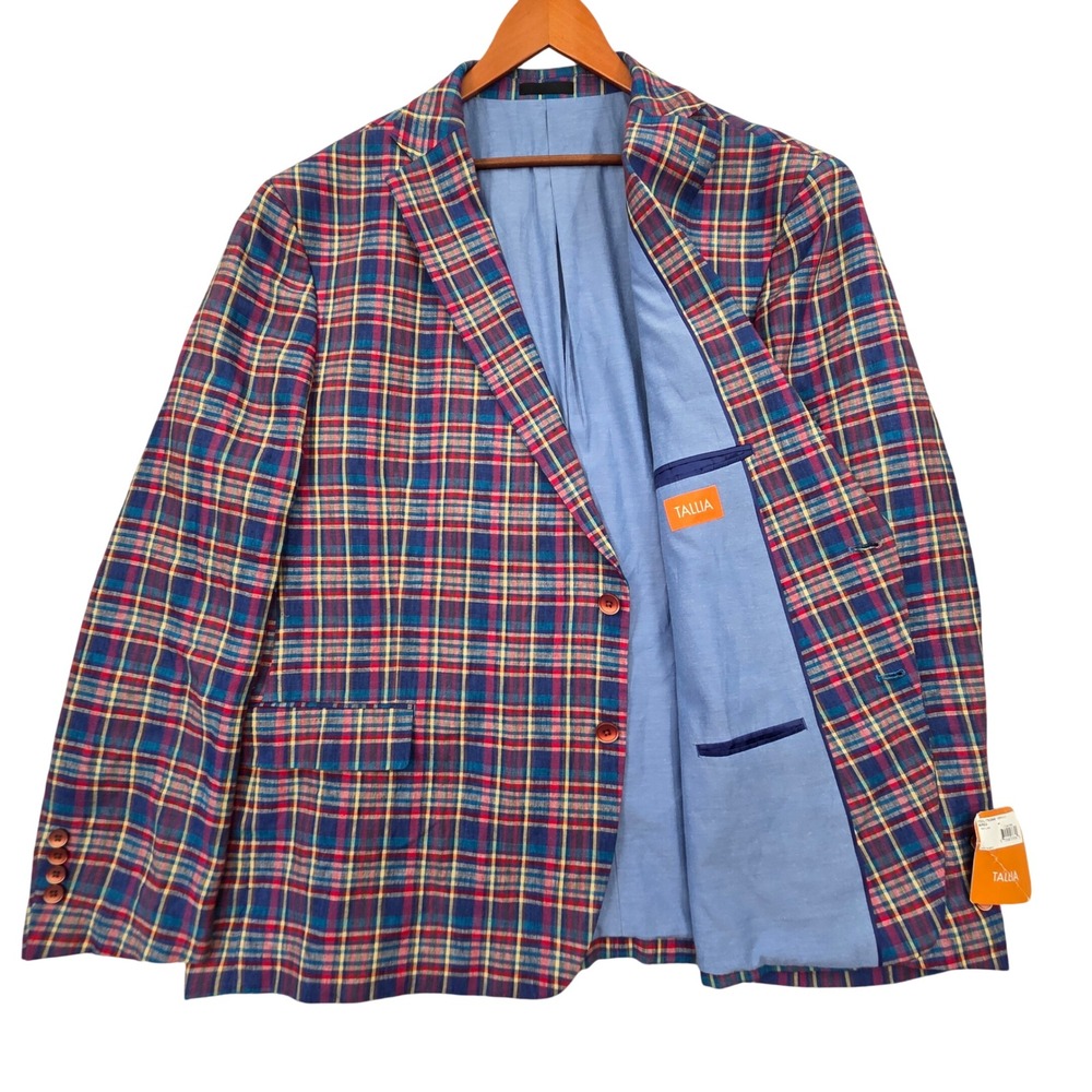 NWT Tallia Verdello Multicolored Plaid 100% Linen Blazer Sport Coat Mens 56R